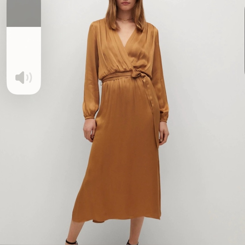 Mango gold Plunge Neck Bishop Sleeve Gown